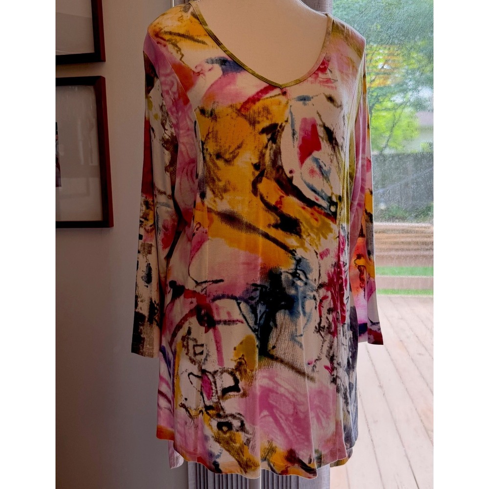Parsley and Sage V-Neck Tunic Top Large Multicolor Boho Artsy Lagenlook